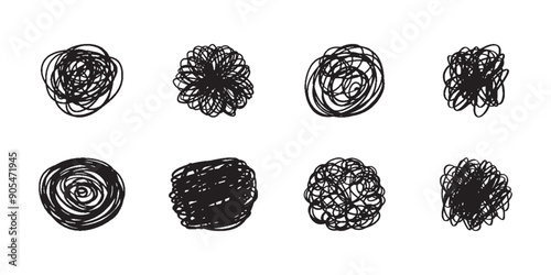 Random scribble shapes. Collection of chaotic hand-drawn doodles. Vector illustration for artistic designs.