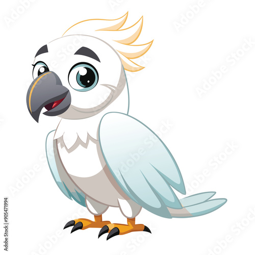 Cartoon illustration of a white cockatoo with blue wings