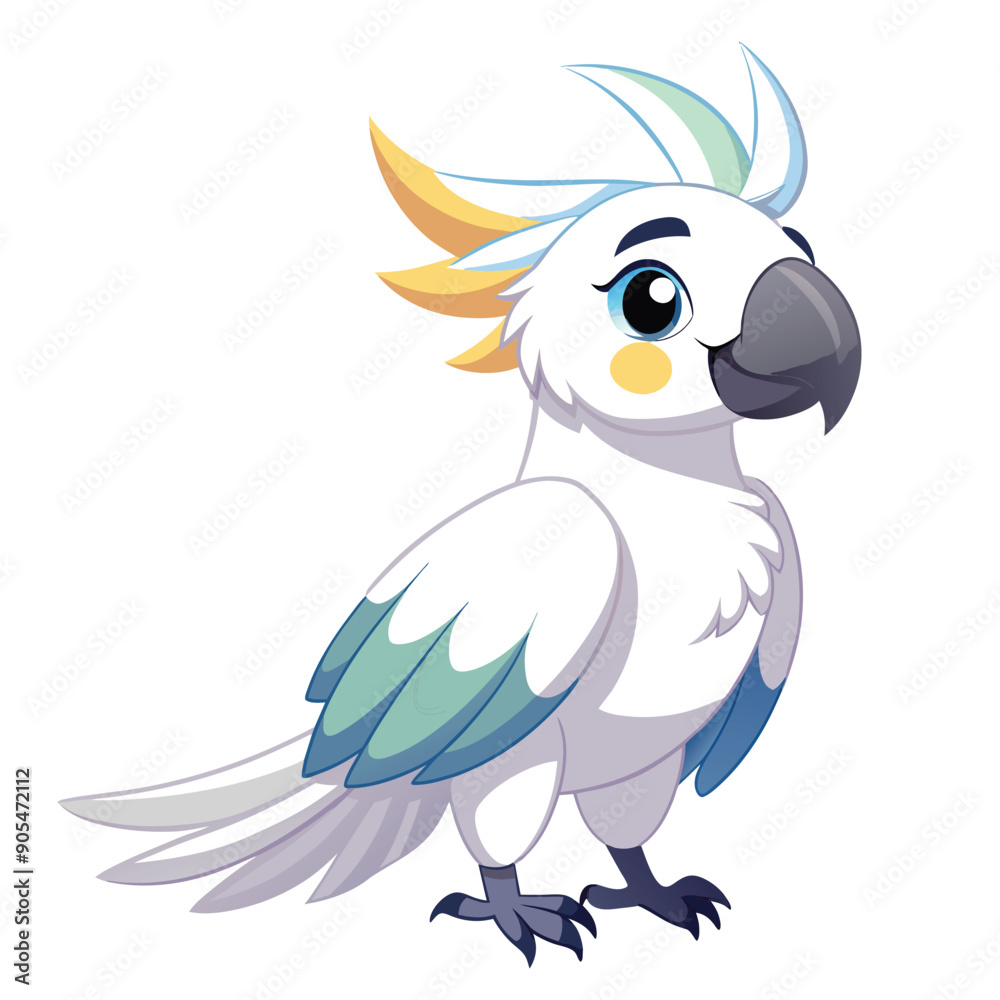 Cartoon Illustration of a White Cockatoo with Blue and Yellow Feathers Cartoon Illustration of a White Cockatoo with Blue and Yellow Feathers