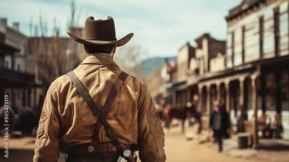 A western sheriff in tan coat and brown hat walks in a desert town. Wooden storefronts, sand, and cactuses create a desolate, dramatic atmosphere. A western sheriff in tan coat and brown hat walks in a desert town. Wooden storefronts, sand, and cactuses create a desolate, dramatic atmosphere.