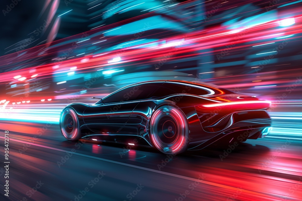 Modern futuristic car with neon glow in motion Modern futuristic car with neon glow in motion