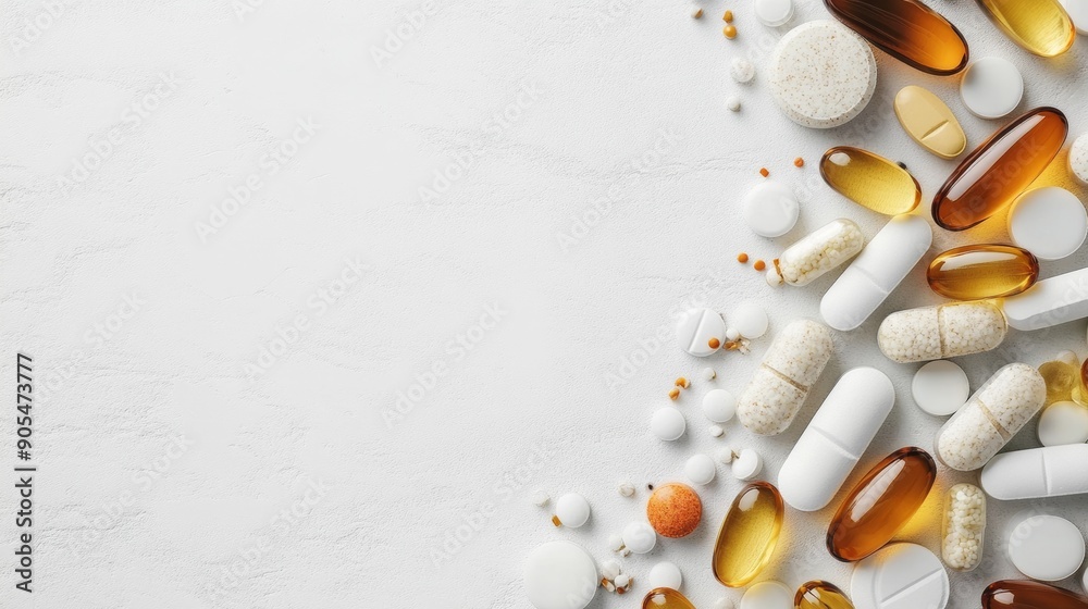 Pills and vitamins on the white background Pills and vitamins on the white background