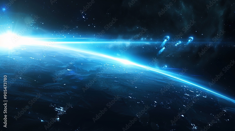 Blue Light Rising from Planet Horizon, Glowing Shine Background. Widescreen Blue Light Rising from Planet Horizon, Glowing Shine Background. Widescreen