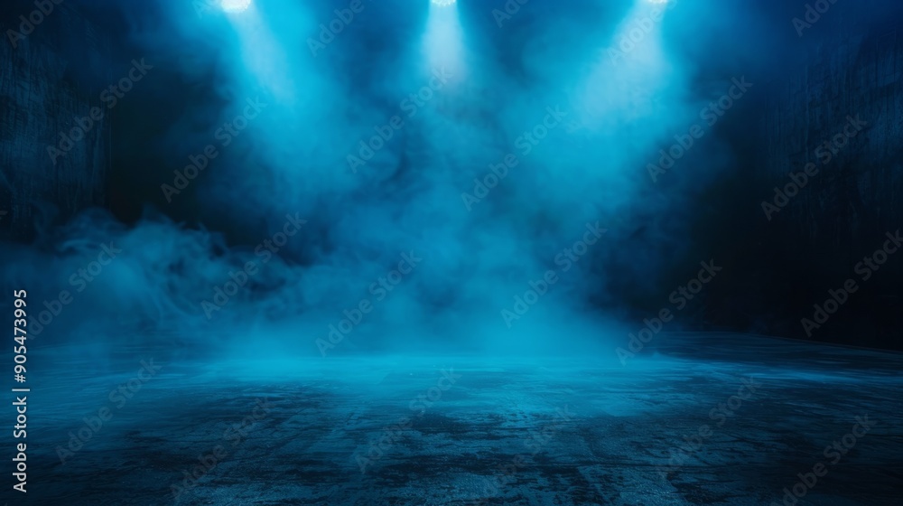 Blue spotlights illuminate a smoky, textured floor in a dark room. Blue spotlights illuminate a smoky, textured floor in a dark room.