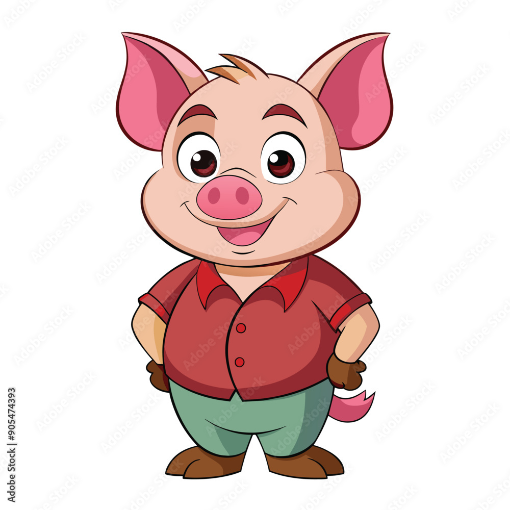 Cartoon Pig Wearing Red Shirt and Green Pants Smiling Cartoon Pig Wearing Red Shirt and Green Pants Smiling
