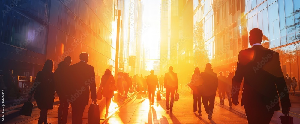 Obraz premium mMany People Business Walking Home After Work, Sunset Backlit, Blurred Motion