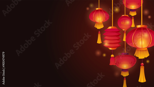 Chinese lanterns in red and gold. Dark background, banner with glowing paper lanterns. Vector template