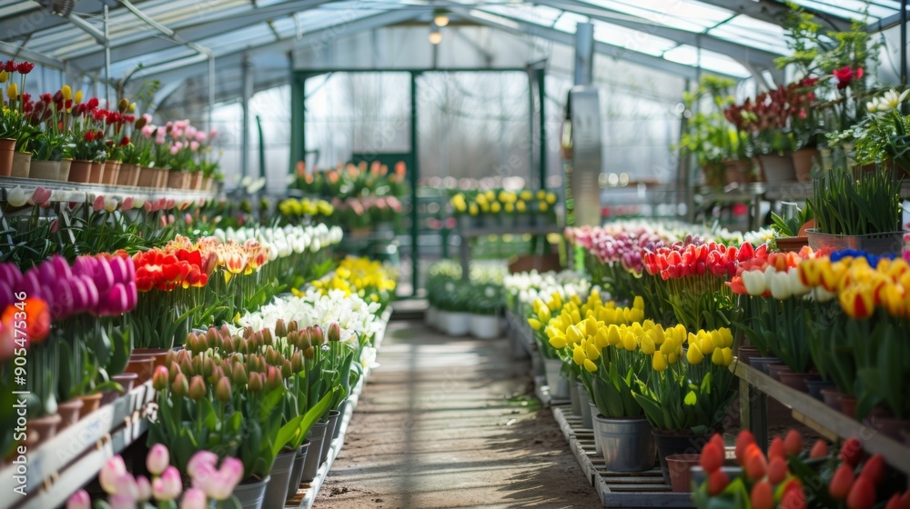 Vibrant rows of tulips in various colors fill a greenhouse, showcasing the beauty of spring flowers under bright sunlight. Vibrant rows of tulips in various colors fill a greenhouse, showcasing the beauty of spring flowers under bright sunlight.