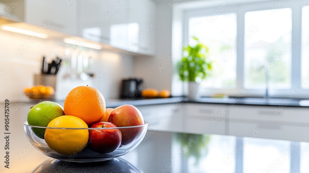 Tack-sharp photo of a minimalist kitchen, single fruit bowl, clean countertops, Tack-sharp photo of a minimalist kitchen, single fruit bowl, clean countertops,