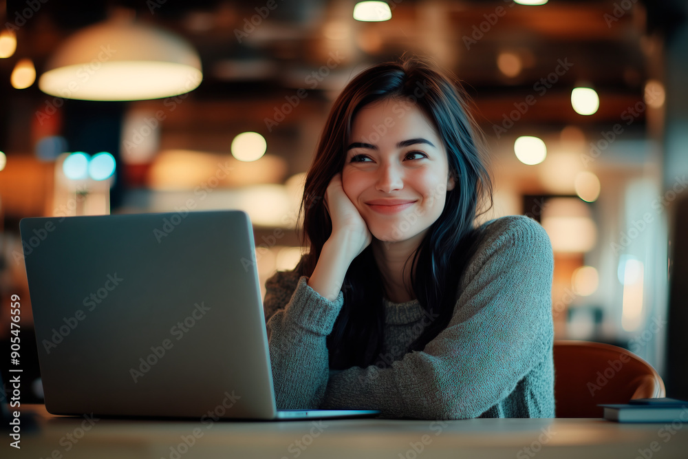 Young woman smiling while working on a laptop in a cozy cafe. Warm lighting and blurred background create a relaxed and inviting atmosphere