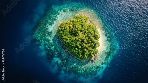 Tack-sharp drone photo of a small island, coral reef visible underwater, tropical paradise