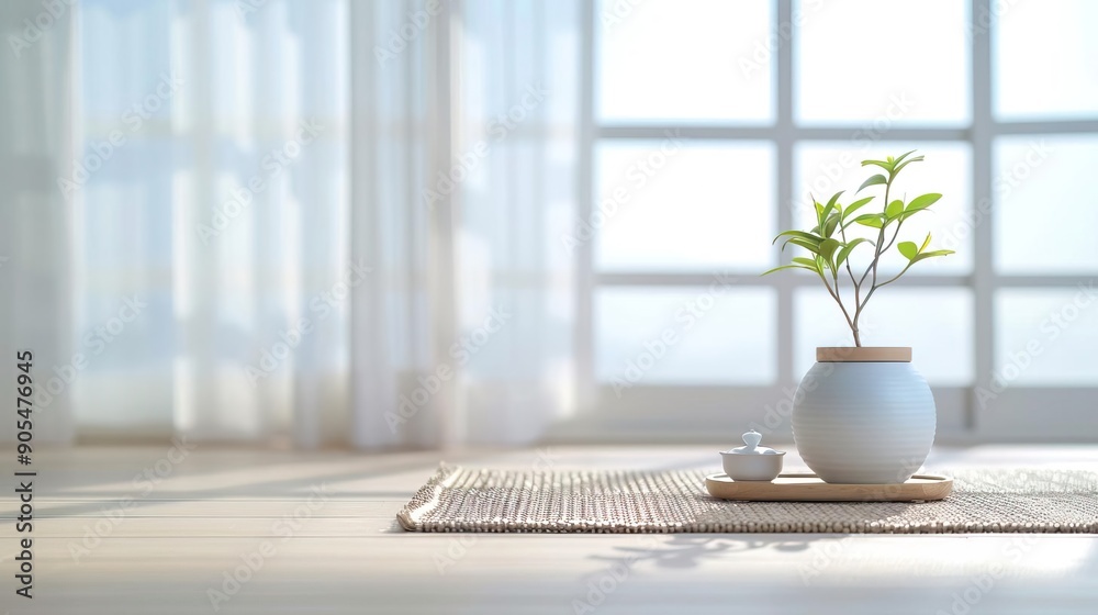 Minimalist home decor with a potted plant and natural elements on a wooden table. Minimalist home decor with a potted plant and natural elements on a wooden table.