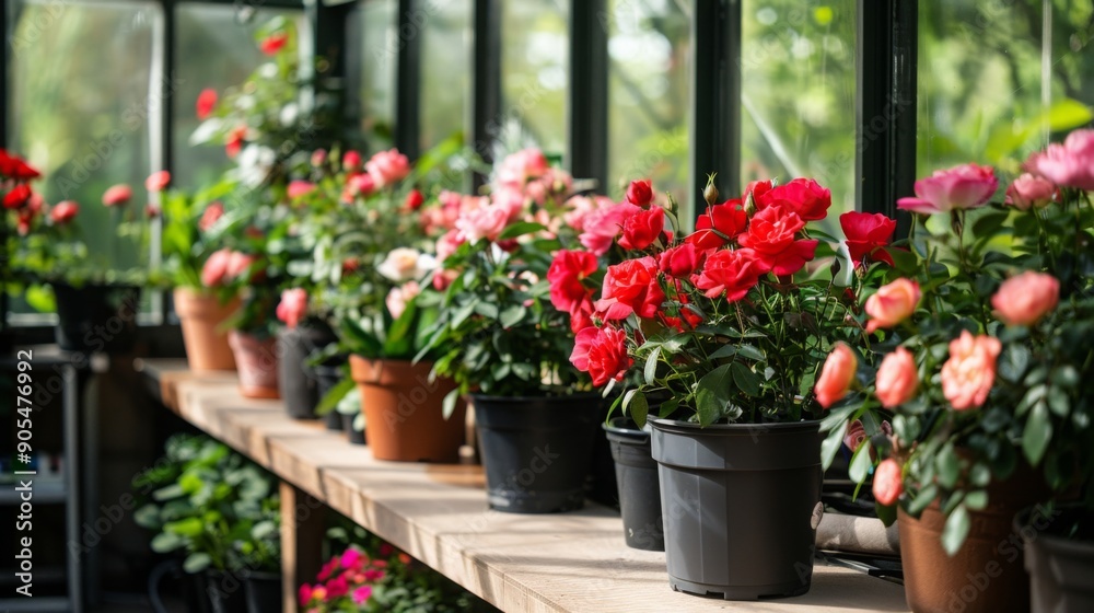 Colorful flowering plants in pots are arranged on wooden shelves, showcasing a variety of blooms in a bright greenhouse filled with natural light. Colorful flowering plants in pots are arranged on wooden shelves, showcasing a variety of blooms in a bright greenhouse filled with natural light.