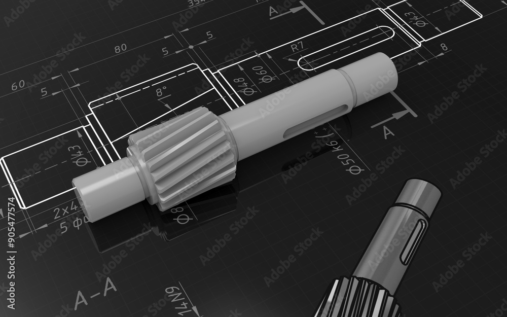 3D rendering - grey shaft over 2D drawing