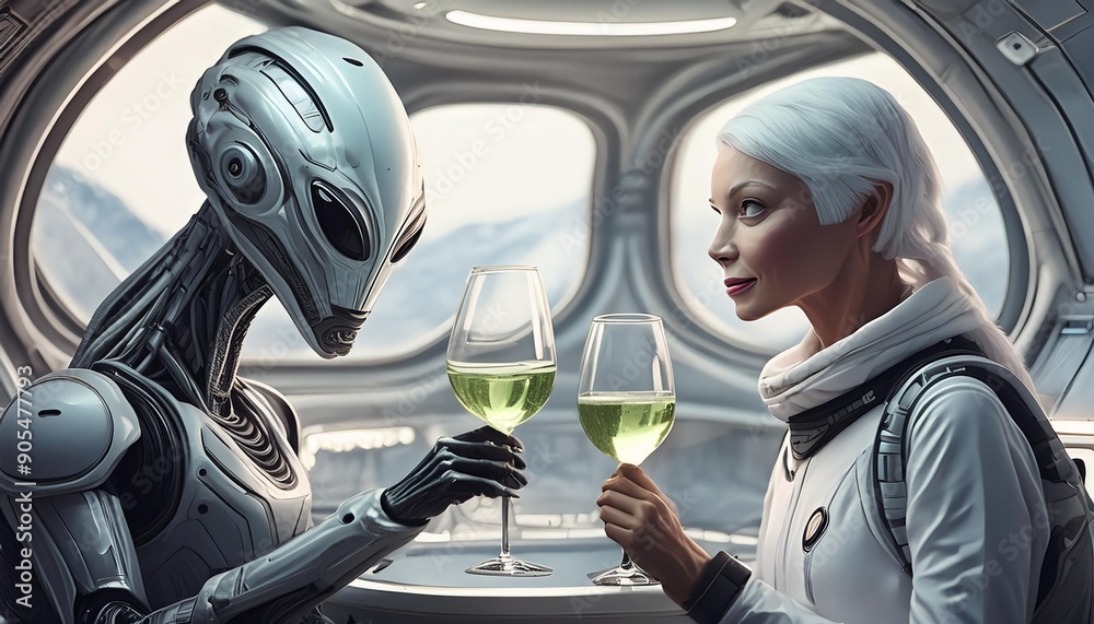 Fototapeta premium An alien and an astronaut drinking together, interstellar friendship