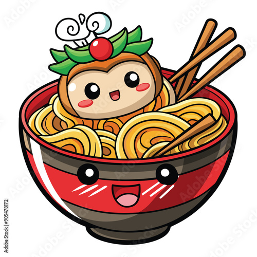 A Smiling Bowl of Noodles with a Cute Monkey Character Inside