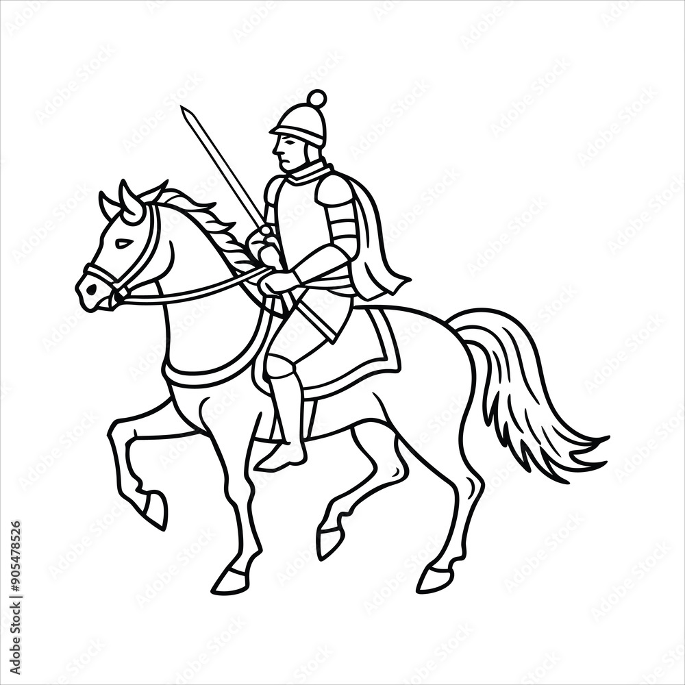 A brave knight riding a majestic steed into battle line art vector A brave knight riding a majestic steed into battle line art vector