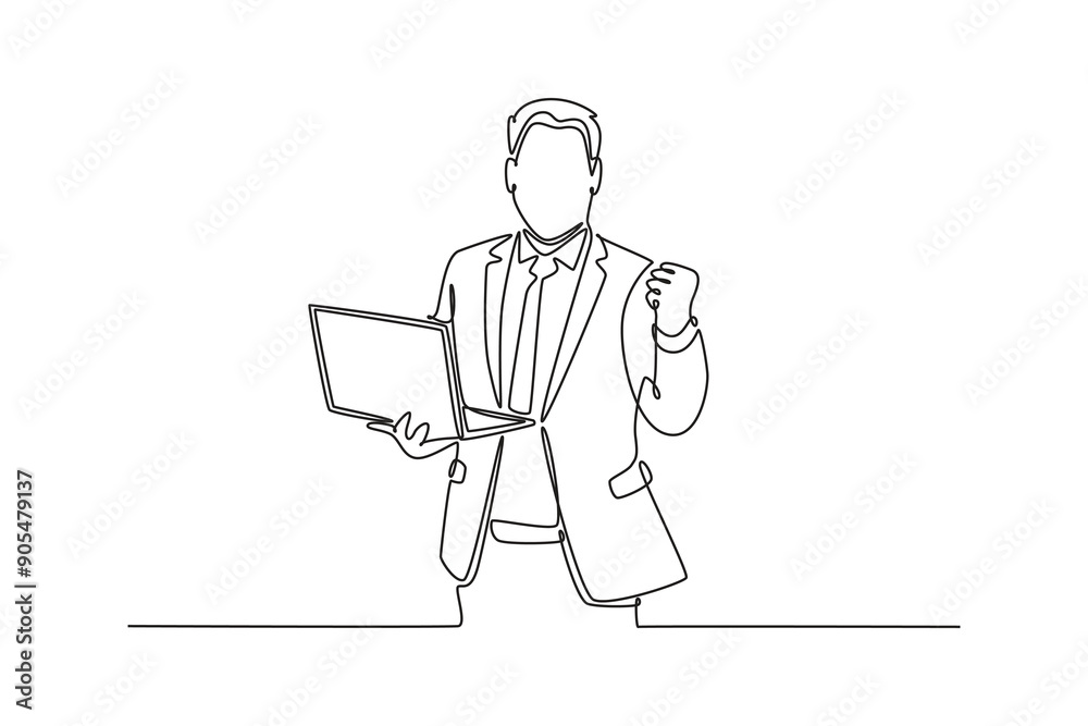 Office workers joy at work. Career, business achievement concept. Single line draw design vector graphic illustration. Office workers joy at work. Career, business achievement concept. Single line draw design vector graphic illustration.