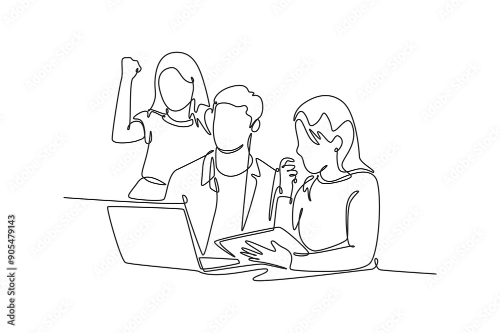 Office workers joy at work. Career, business achievement concept. Single line draw design vector graphic illustration. Office workers joy at work. Career, business achievement concept. Single line draw design vector graphic illustration.