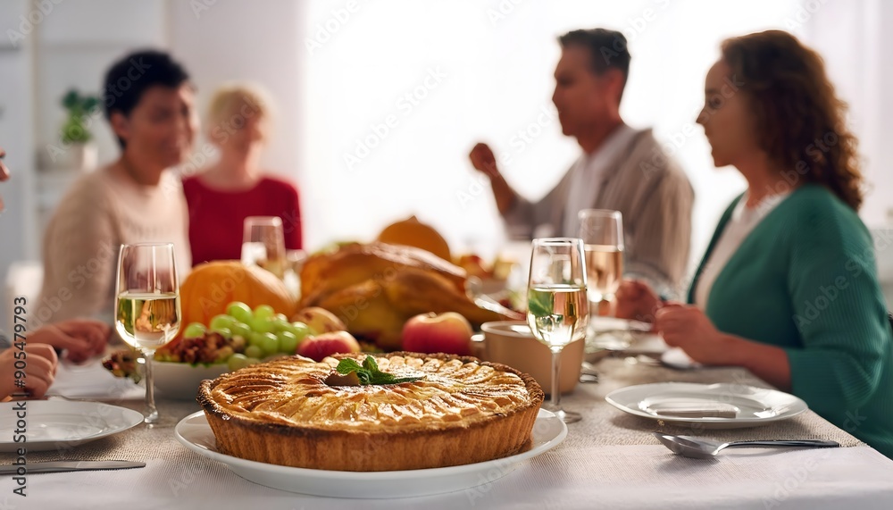 hanksgiving family dinner. Traditional apple pie and vegan meal close up, with blurred happy people around the table celebrating the holiday. hanksgiving family dinner. Traditional apple pie and vegan meal close up, with blurred happy people around the table celebrating the holiday.