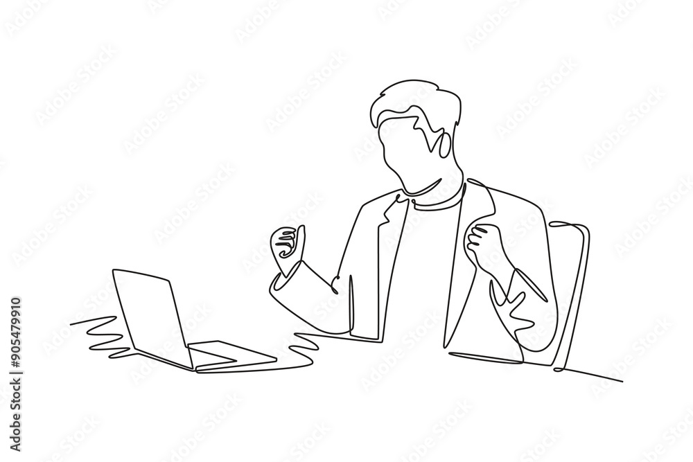 Office workers joy at work. Career, business achievement concept. Single line draw design vector graphic illustration. Office workers joy at work. Career, business achievement concept. Single line draw design vector graphic illustration.