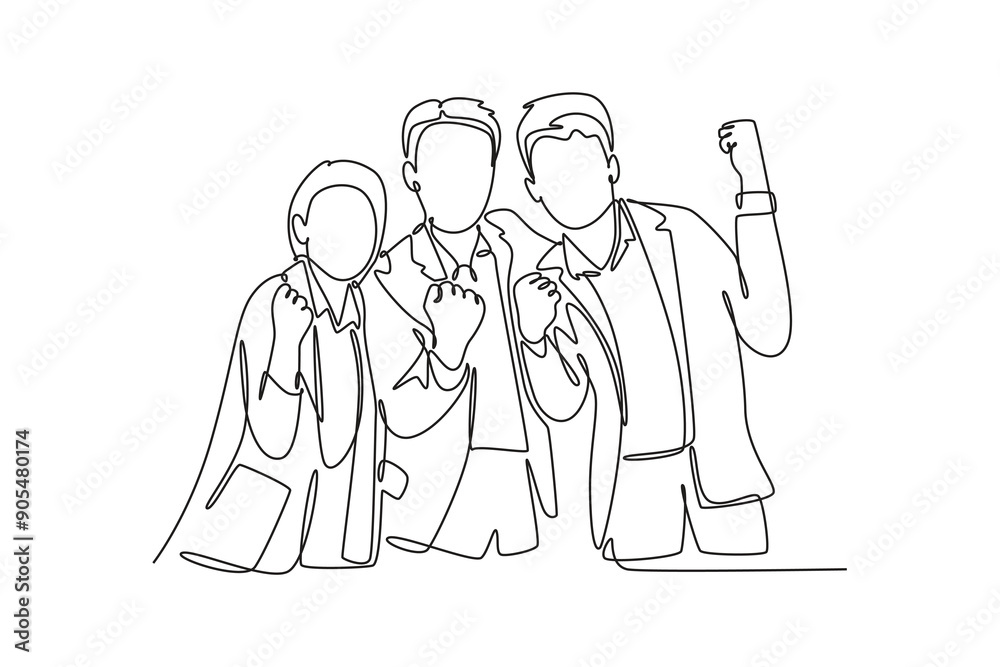 Office workers joy at work. Career, business achievement concept. Single line draw design vector graphic illustration. Office workers joy at work. Career, business achievement concept. Single line draw design vector graphic illustration.