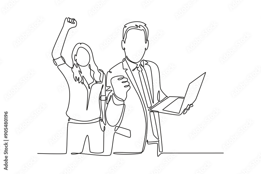 Office workers joy at work. Career, business achievement concept. Single line draw design vector graphic illustration. Office workers joy at work. Career, business achievement concept. Single line draw design vector graphic illustration.
