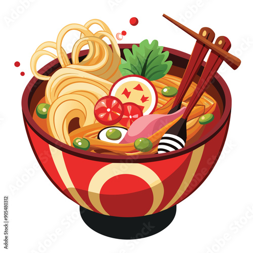 A Bowl of Ramen Noodles with Chopsticks and Toppings