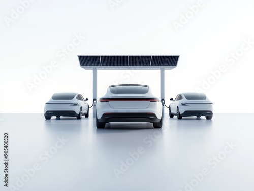 3D render of a fleet of electric vehicles charging at a solarpowered station, futuristic and ecofriendly, emphasizing sustainable transportation, isolated on white background