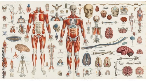 A comprehensive schematic of the human body showing various anatomical systems in detail, providing a clear and accurate visual guide for educational and medical purposes, with labels and annotations photo