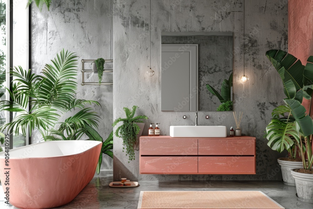 Modern minimalist bathroom interior, modern pink bathroom cabinet, white sink, wooden vanity, Generative AI