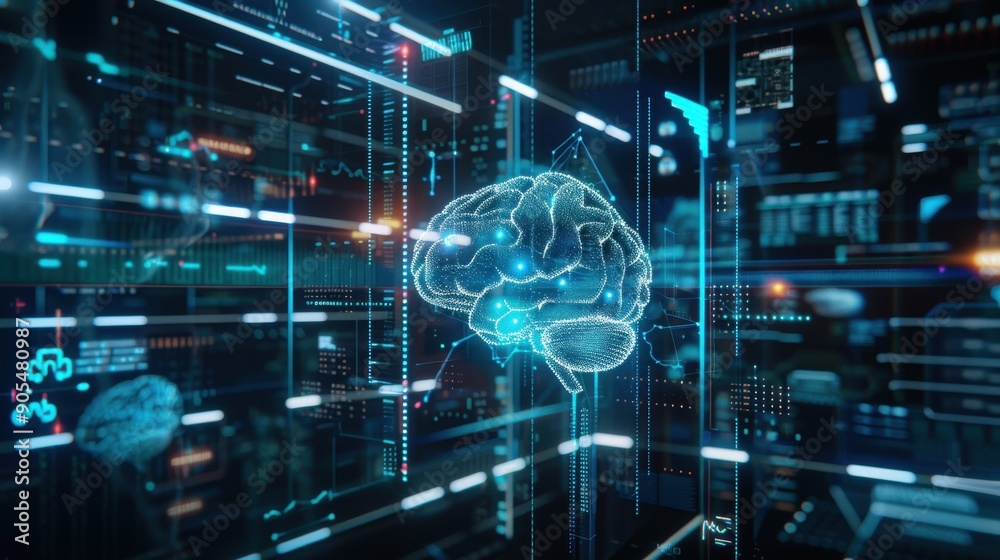 An intelligent brain concept visualized through a holographic projection, surrounded by data streams and digital interfaces, illustrating the advancements in neuroscience and the impact of AI in An intelligent brain concept visualized through a holographic projection, surrounded by data streams and digital interfaces, illustrating the advancements in neuroscience and the impact of AI in