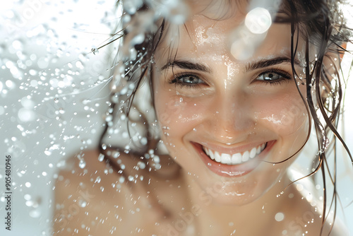 Smiling young woman with water splash and drops around on her face isolated on white background. Healthy hydrated face skin. Skin care and moisturizing concept.