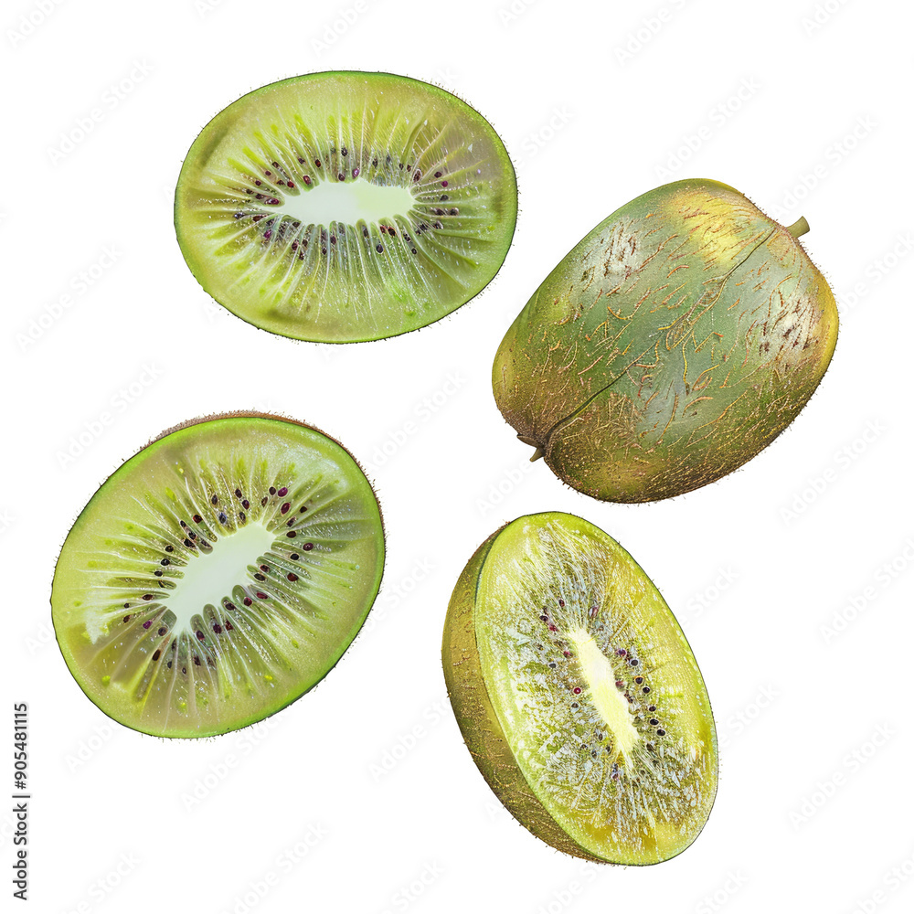 Fototapeta premium Kiwi fruit whole and sliced arranged on a transparent background, viewed from above.