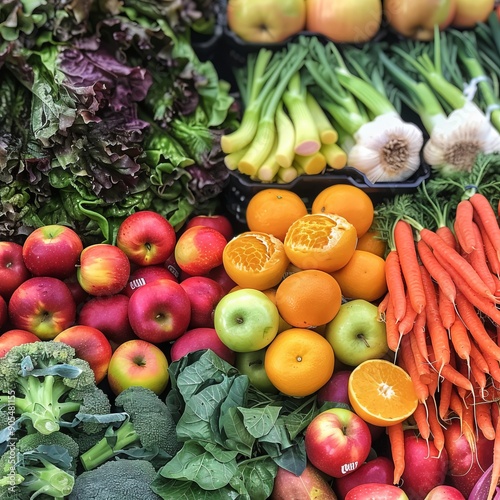 Vibrant red tomatoes, green peppers, and orange carrots join crisp lettuce, broccoli, and cucumber in a fresh, healthy, organic market display photo