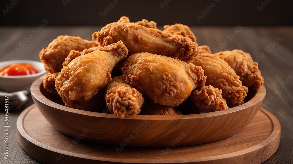 Fried chicken at wooden plate Fried chicken at wooden plate