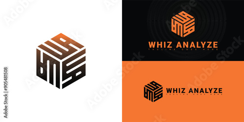 Abstract hexagon initial letter WA or AW in orange-black color isolated on multiple background colors. The logo is suitable for AI quality management logo design inspiration templates.