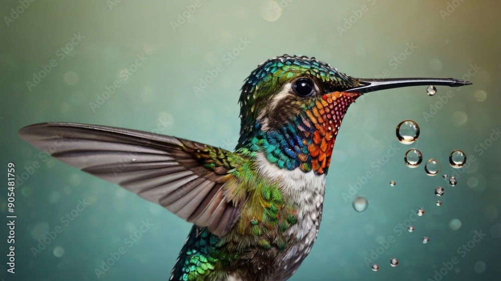 Fototapeta premium Hummingbird covered in water droplets, highlighting its bright and colorful appearance.