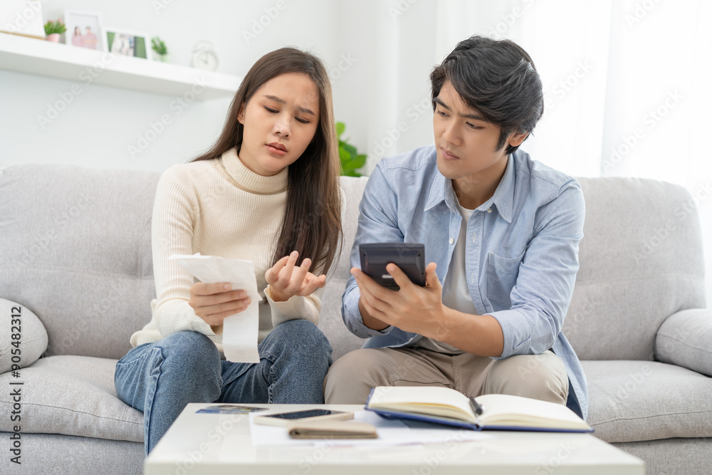 Family financial concept, Stressed wife and husband have a problem to pay loan can not pay credit card debt. Family financial concept, Stressed wife and husband have a problem to pay loan can not pay credit card debt.