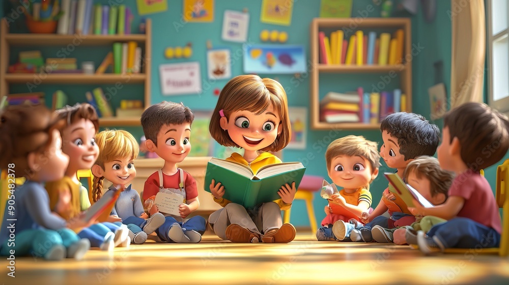 Fototapeta premium A group of elementary students learn together in a colorful classroom setting, sitting at desks with books open, eager to absorb knowledge under the guidance of their dedicated teacher