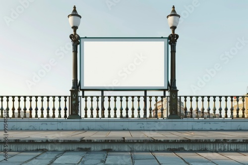 Blank Billboard on a Stone Platform With Lampposts photo