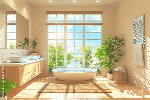 Beige bathroom interior with white basin and double mirror, concrete floor, bathtub, plants. Bathing accessories and window in hotel studio, Generative AI