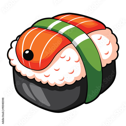 Cartoon Illustration of a Single Piece of Salmon Sushi