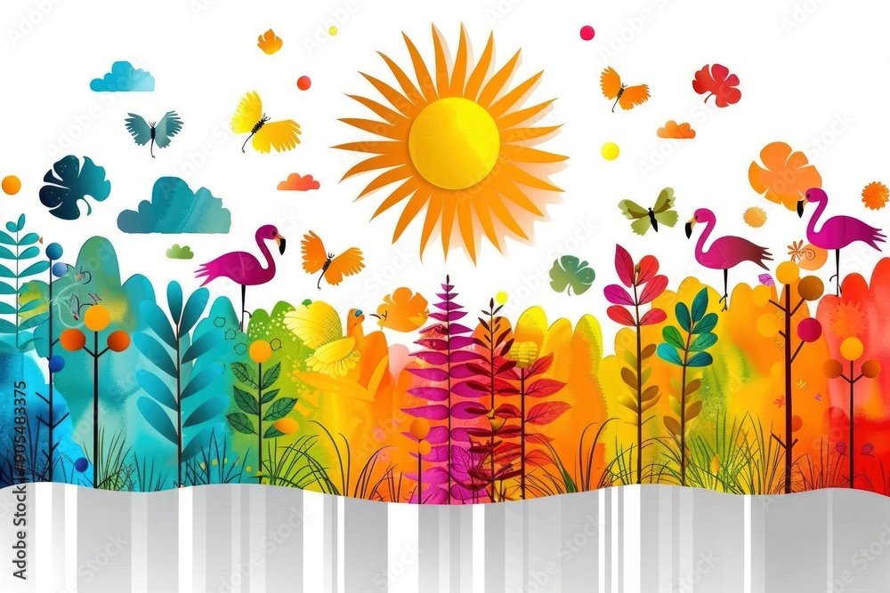 Obraz premium Colorful Summer Landscape with Flamingos and Sun