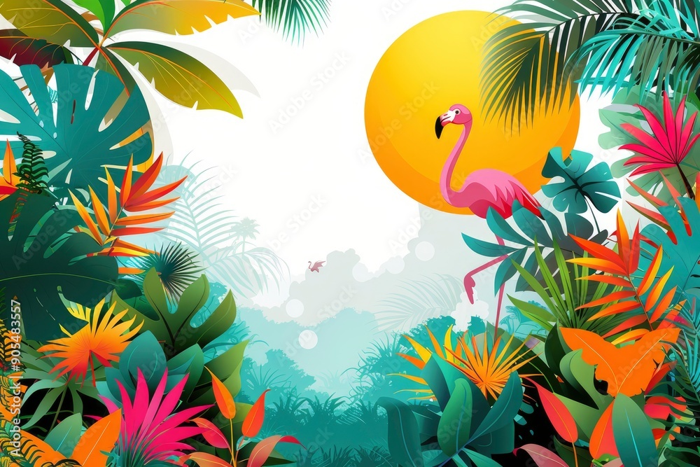 Tropical Paradise with Pink Flamingo and Sun Tropical Paradise with Pink Flamingo and Sun