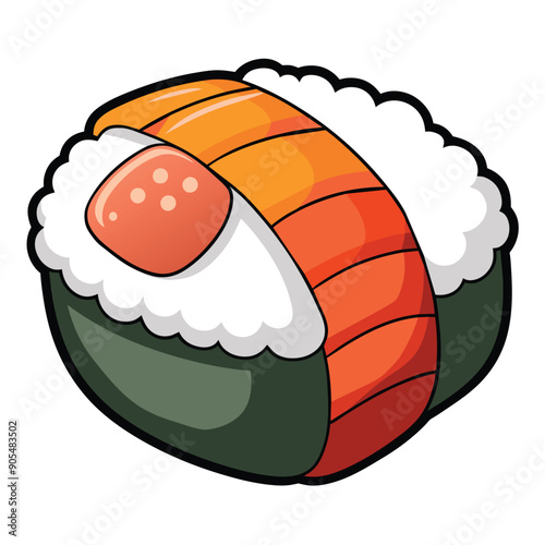 Cartoon Illustration of a Single Piece of Sushi with Salmon