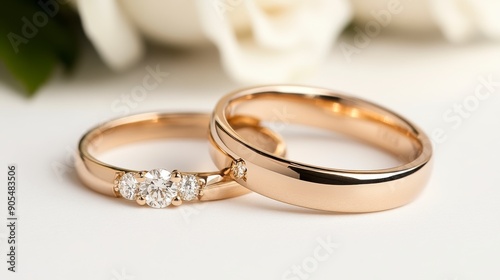 Elegant Wedding Rings, Close-up of gold wedding bands with diamonds, Symbol of Love