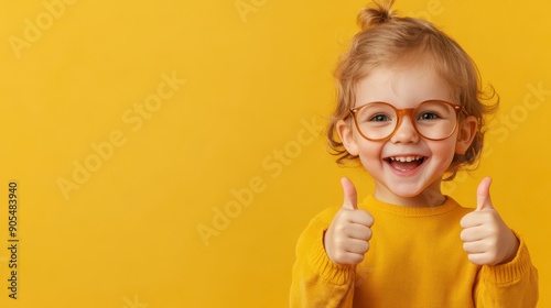 Happy Child with Glasses, Smiling child giving thumbs up, Joyful Expression.