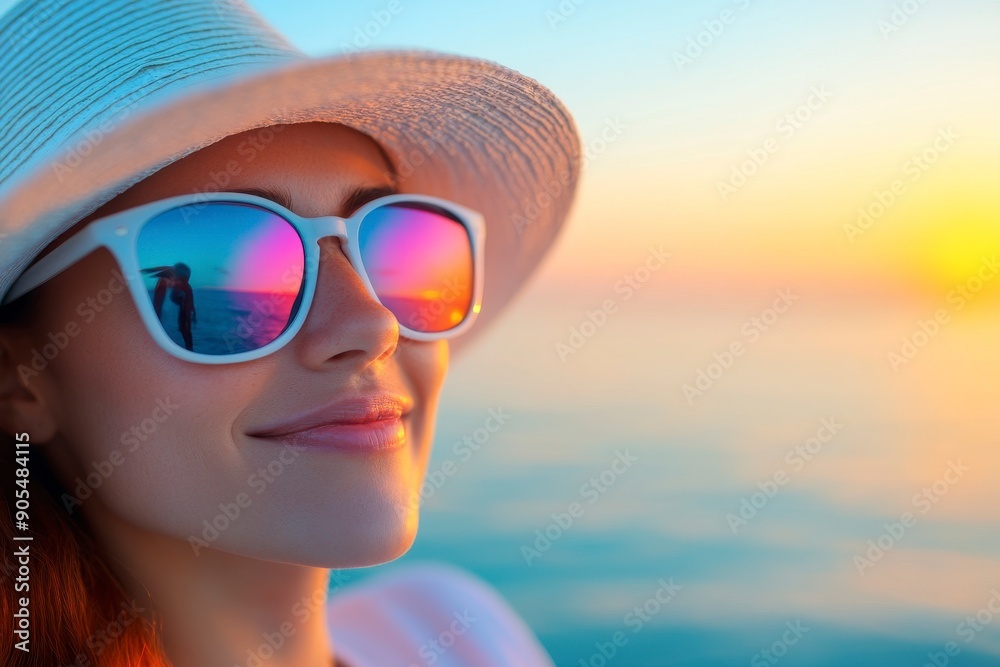 Reflective Sunset, Woman with hat and sunglasses, Ocean sunset reflection.