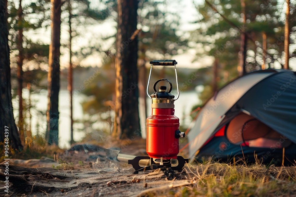 A red camping stove near a tent in a tranquil forest setting. A red camping stove near a tent in a tranquil forest setting.